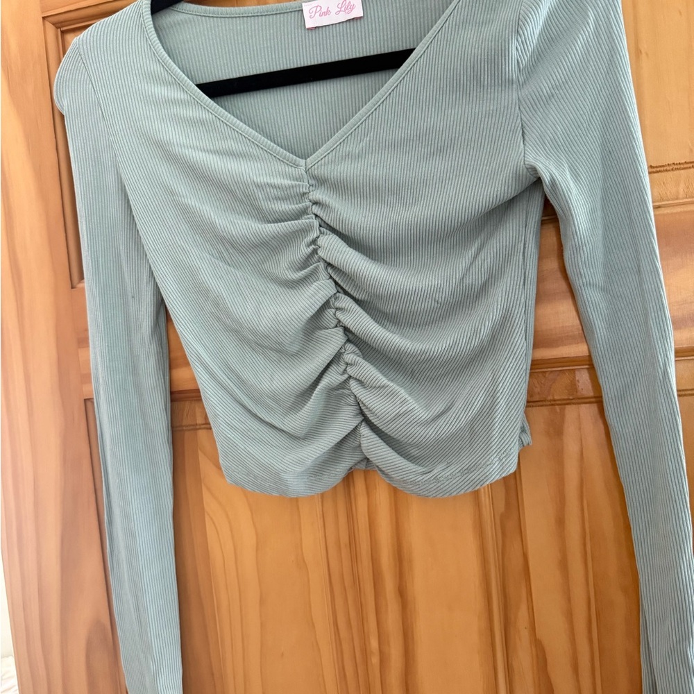Pink Lily Green Ruched Crop Blouse